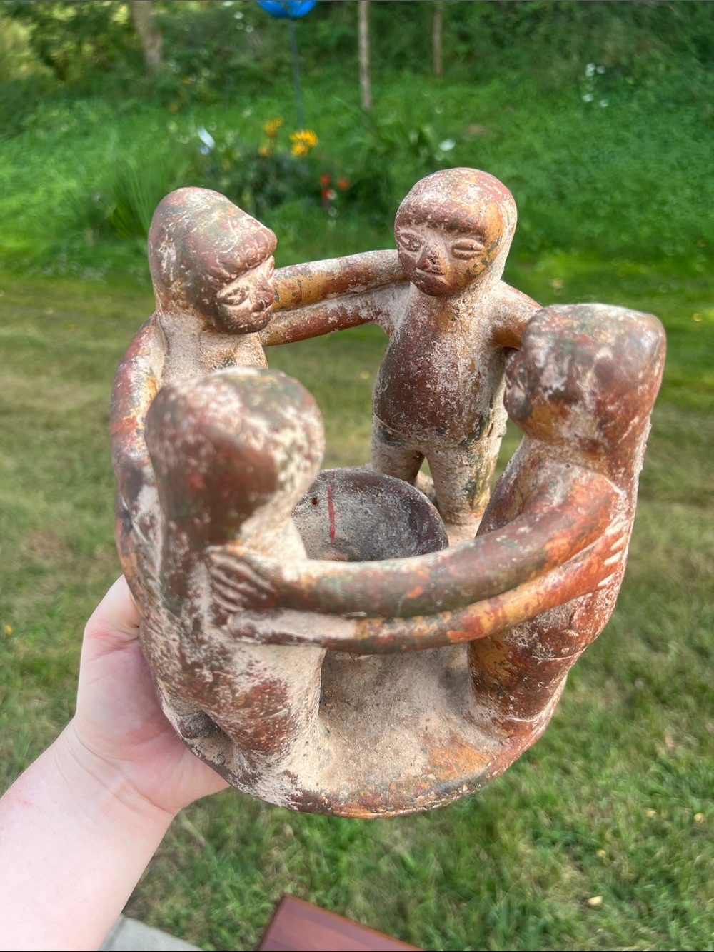 Aztec/Mayan Circle of 4 Friends Terracotta Clay Candle Holder Art Pottery Mexico
